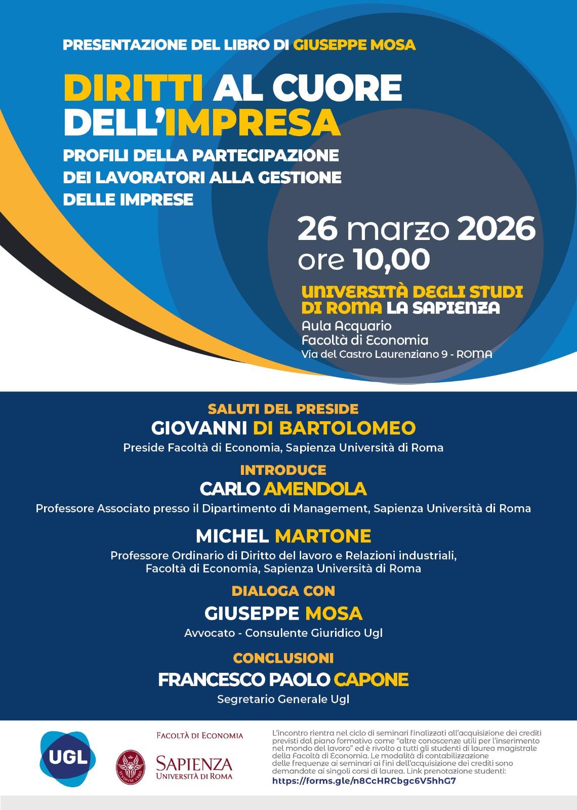Diritti al cuore dell'impresa, presentazione Università la Sapienza (Roma) 26 marzo 2026